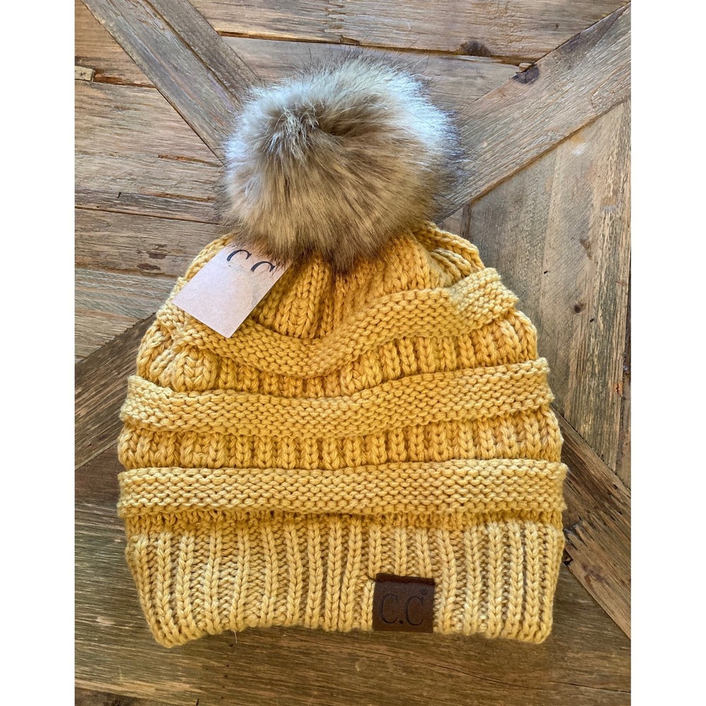 C.C Cable Knit Slouchy Pom Pom  Beanie OS New Honey Mustard  Apres Ski Gorpcore